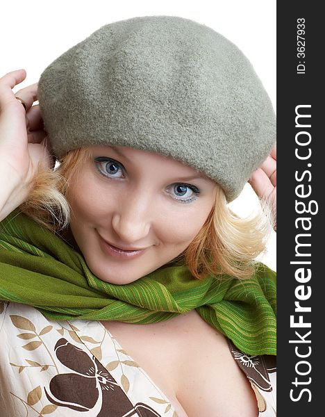 Portrait of expressing positivity cute blond girl with green scarf (series)