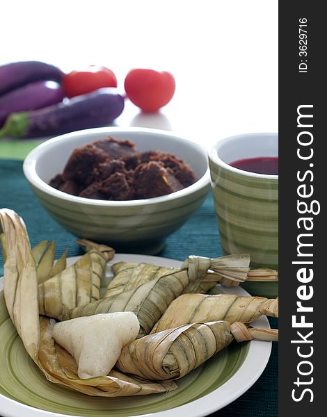 Traditional Malay compact glutinous rice called Ketupat for celebrations