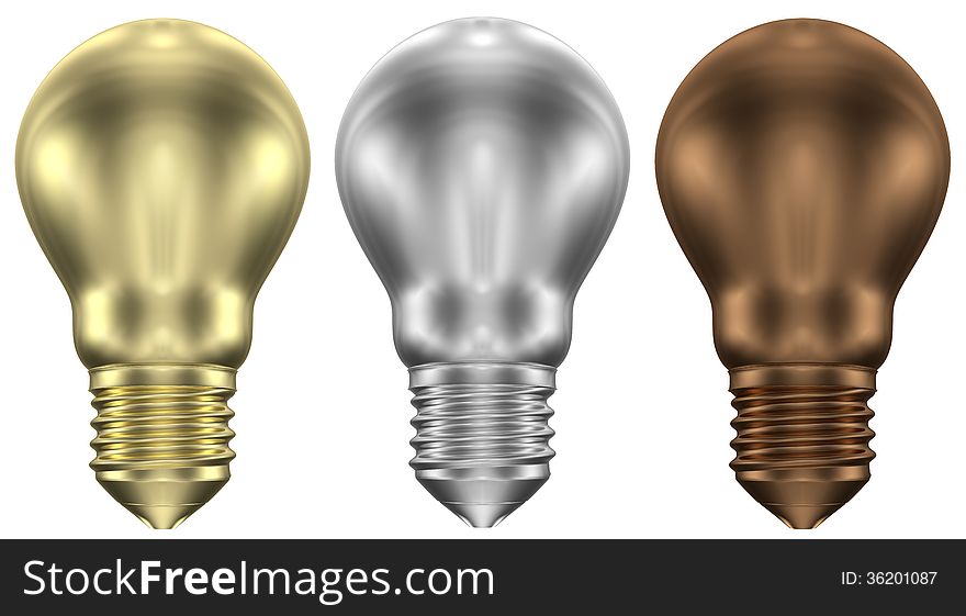Golden, silver and bronze light bulbs isolated on white