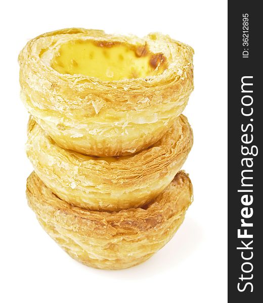 Isolated of triple stack eggtart on white background. Isolated of triple stack eggtart on white background