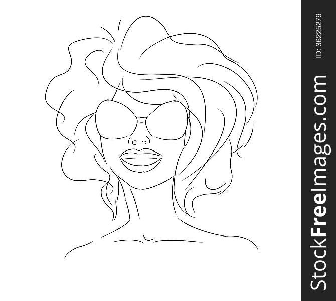 Smiling woman in sunglasses and bushy hair, contour vector illustration. Smiling woman in sunglasses and bushy hair, contour vector illustration