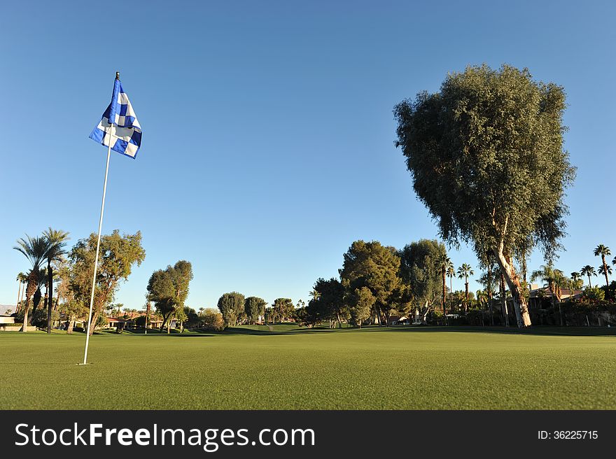 Low angle view of a golf green with a checkered flag. Low angle view of a golf green with a checkered flag