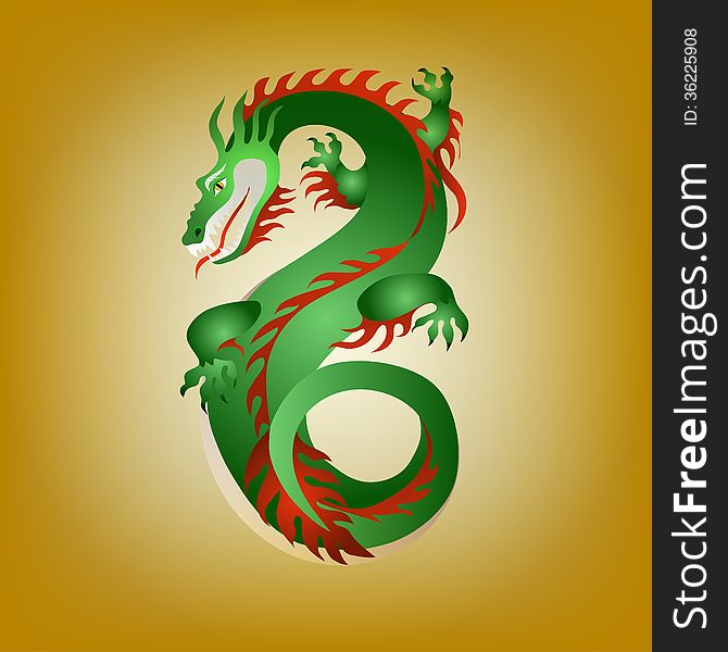 Fantastic green dragon with red mane on a golden background