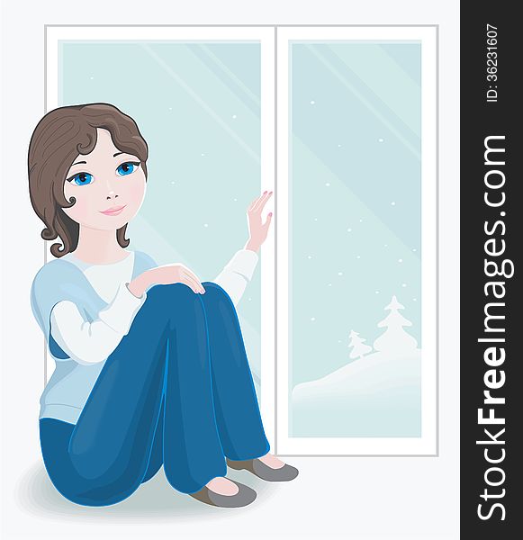 Young woman sitting on the window and touches plastic frame. Outside the window, cold, and warm inside. Young woman sitting on the window and touches plastic frame. Outside the window, cold, and warm inside.