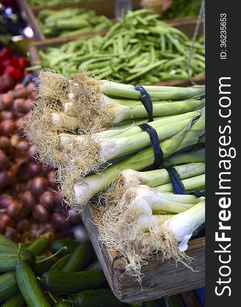 Young garlic on the counter vegetables