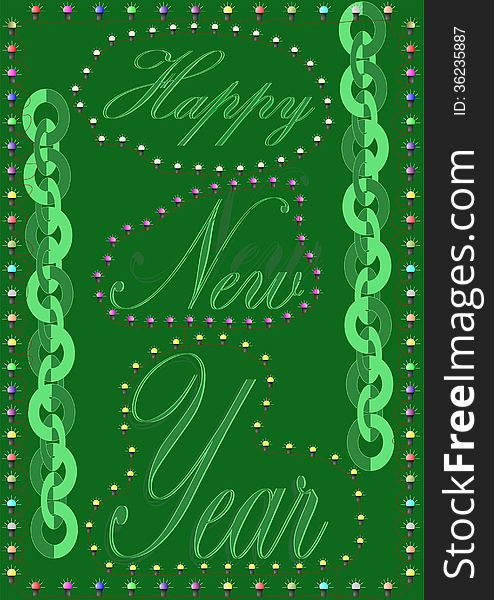 Happy New Year and Merry Christmas on a green background framed by light bulbs. Happy New Year and Merry Christmas on a green background framed by light bulbs.
