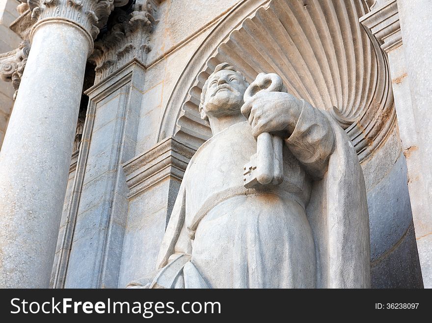 Paradise concept. Closeup of Saint Peter with keys from heaven