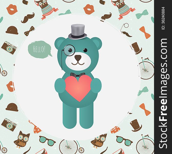 Vector Hipster Bear holding Heart greeting card design. Vector Hipster Bear holding Heart greeting card design