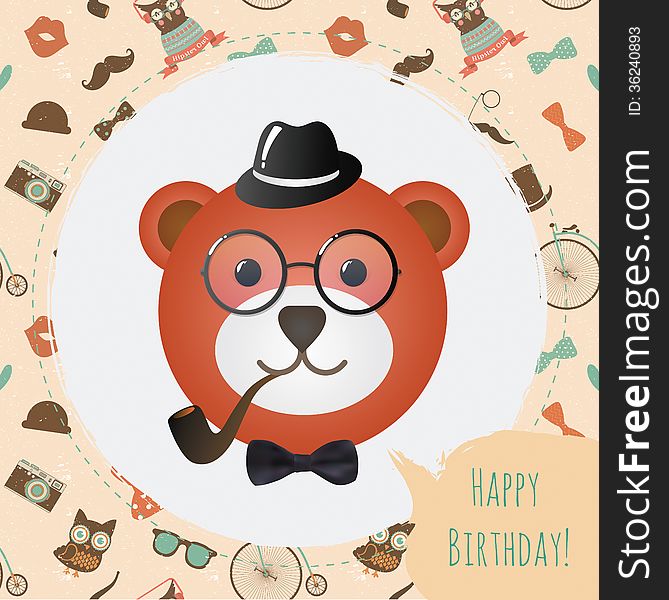 Hipster Bear Head Card vector illustration