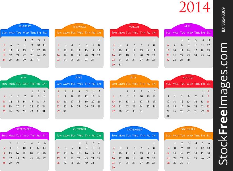A colorful calender of 2014 starting from Sunday and with high quality fonts and looks. Suitable for any size prints with vector files too. A colorful calender of 2014 starting from Sunday and with high quality fonts and looks. Suitable for any size prints with vector files too.