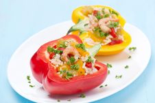 Stuffed Peppers With Salad Of Rice And Shrimp On Blue Background Royalty Free Stock Photo