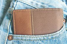 Brown Wallet In Jeans Trousers Back Pocket Stock Image