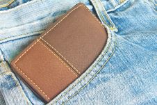Brown Wallet In Jeans Trousers Back Pocket Royalty Free Stock Images