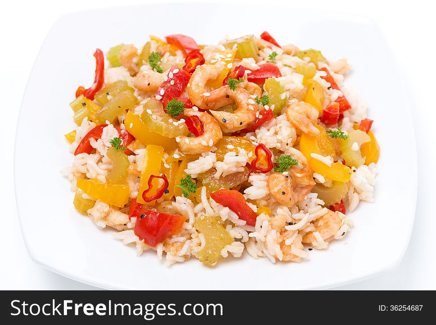 Chinese food - rice with vegetables and shrimps, top view, close-up