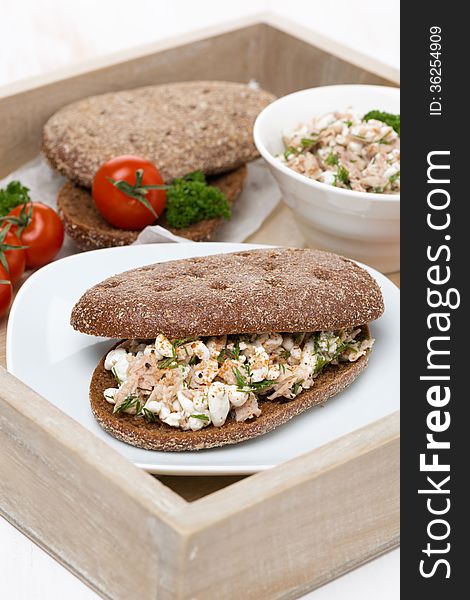 Sandwich of rye bread with tuna and homemade cheese on a tray, vertical