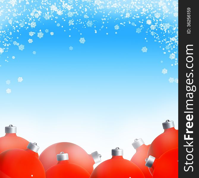 New Year's or Christmas card - Red Decoration Balls on blue background with snow flakes