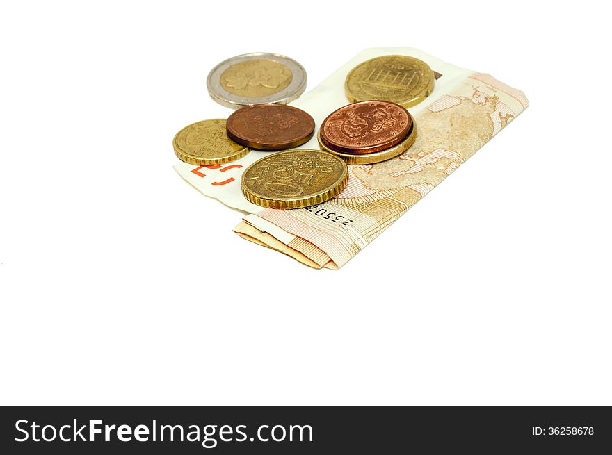 Several euro banknotes on a white background