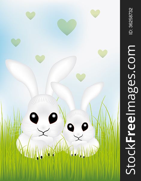 Adorable Easter rabbits in green grass with green hearts under the cloudy sky - illustration