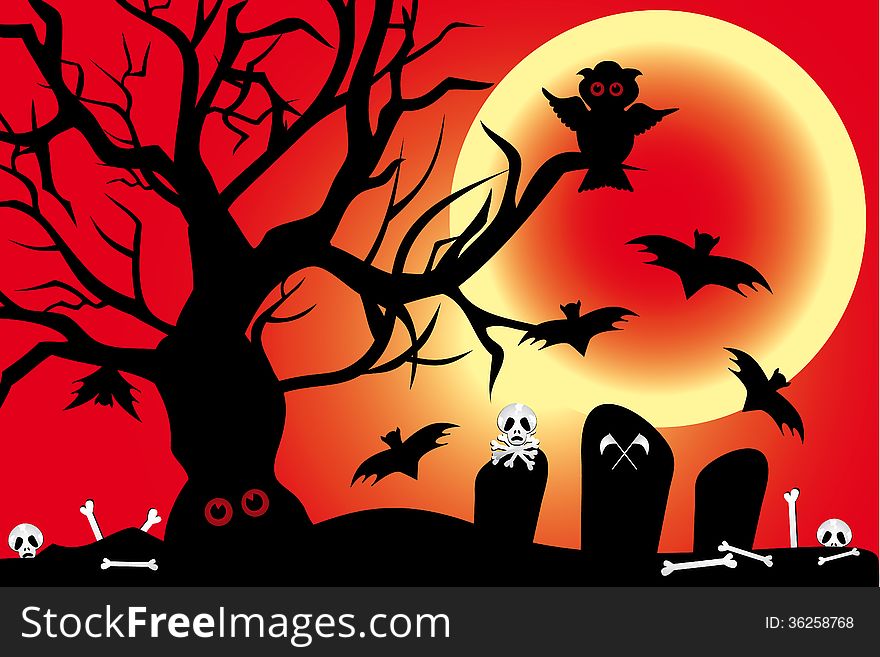 Illustration for Halloween-night with owl, bats under the blood-moon and cemetery shows bones and skulls. Illustration for Halloween-night with owl, bats under the blood-moon and cemetery shows bones and skulls