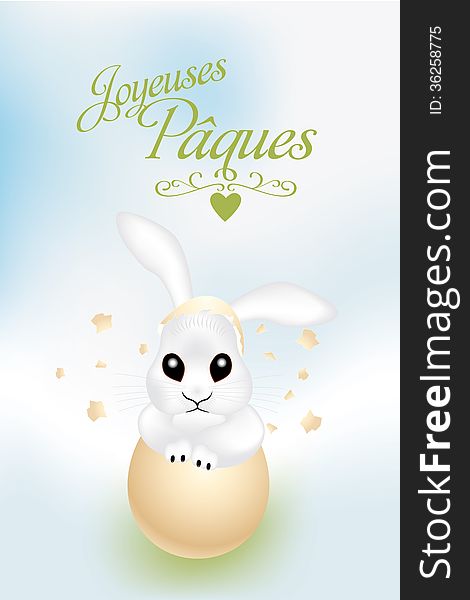 French Easter card with cute bunny in broken egg shell and French calligraphic text - illustration