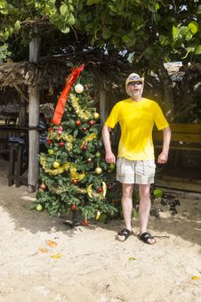Man Standing Besides A Christmas Tree On A Beach Royalty Free Stock Image Man Standing Besides A Christmas Tree On A Beach Royalty Free Stock Image
