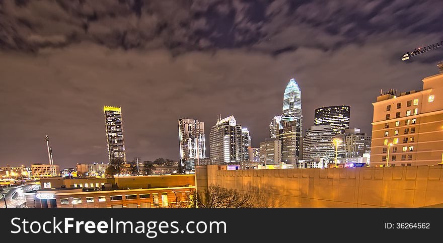 View of charlotte skyline at night near romare bearden park. View of charlotte skyline at night near romare bearden park