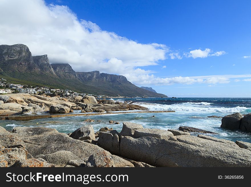 Beautiful Camps Bay Beach and Twelve Apostles Mountain, Cape Town, South Africa