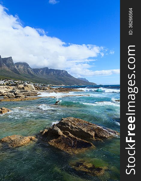 Beautiful Camps Bay Beach and Twelve Apostles Mountain, Cape Town, South Africa