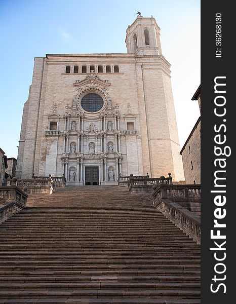 View of Gerona Cathedral with big staircase at dawn, Spain
