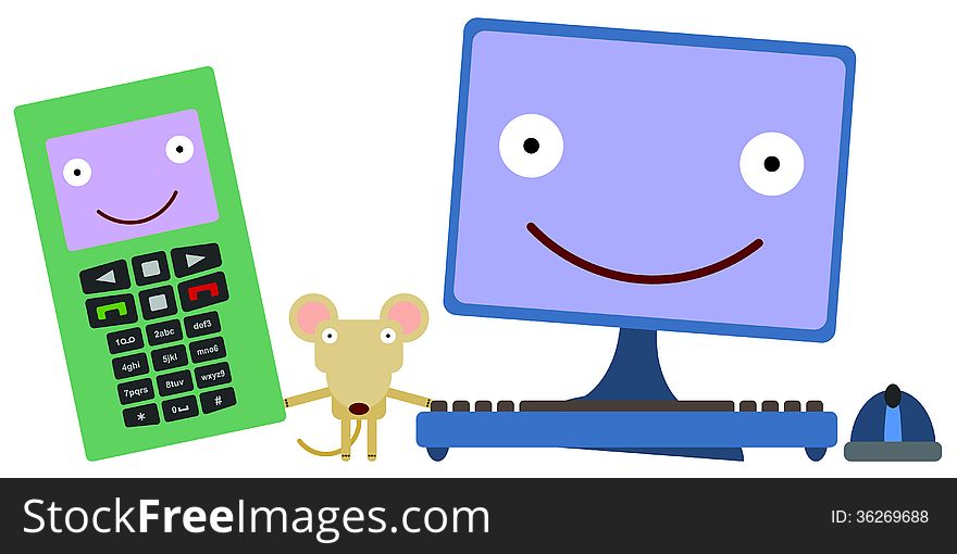 A mouse with his cellphone and computer friends. A mouse with his cellphone and computer friends