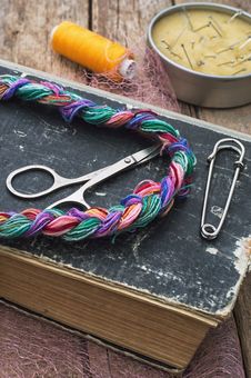 Old Book And Sewing Supplies Royalty Free Stock Image Old Book And Sewing Supplies Royalty Free Stock Image