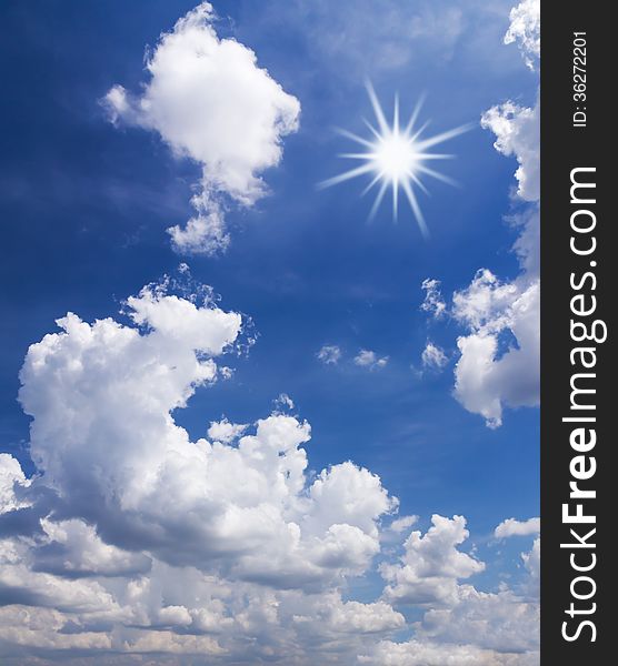 Blue sky with white clouds and sun.Nature background.
