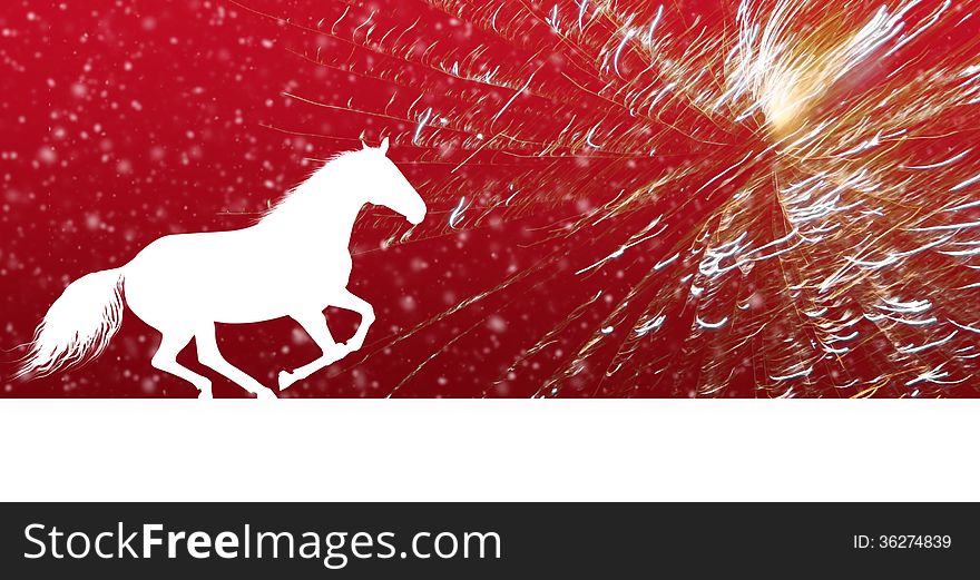 Horse for happy New Year on red background with fireworks