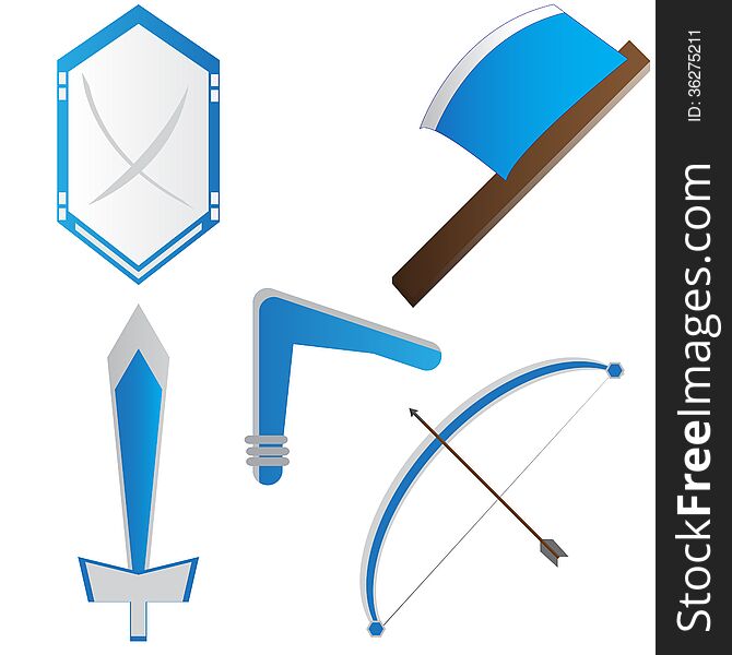 This is a war equipment that can be used for the children game , there is shield , axe , sword , bow , and boomerang. This is a war equipment that can be used for the children game , there is shield , axe , sword , bow , and boomerang