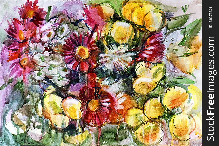 Still life a bouquet of flowers. Hand-drawn in watercolor