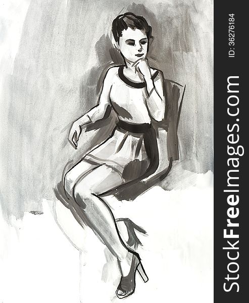 Sketch of a female figure. Hand-drawing in gouache