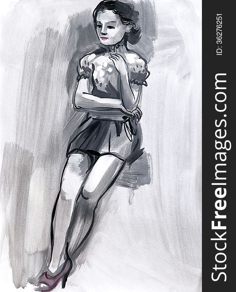 Sketch of a female figure. Hand-drawing in gouache