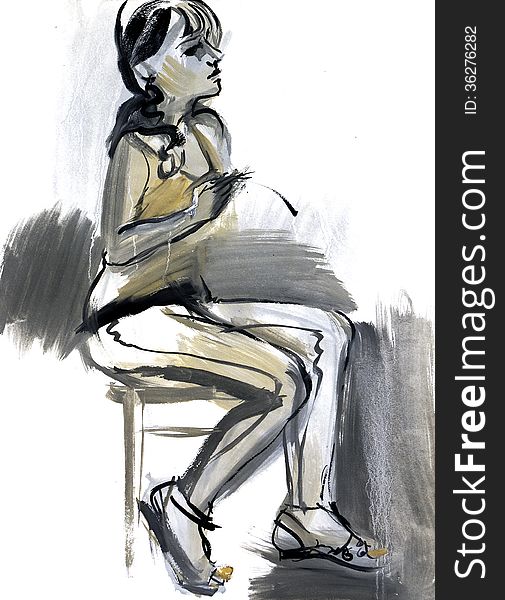 Sketch of a female figure. Hand-drawing in gouache