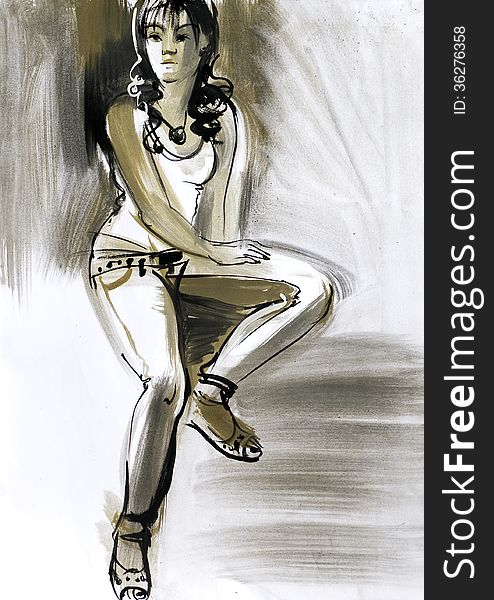 Sketch of a female figure. Hand-drawing in gouache