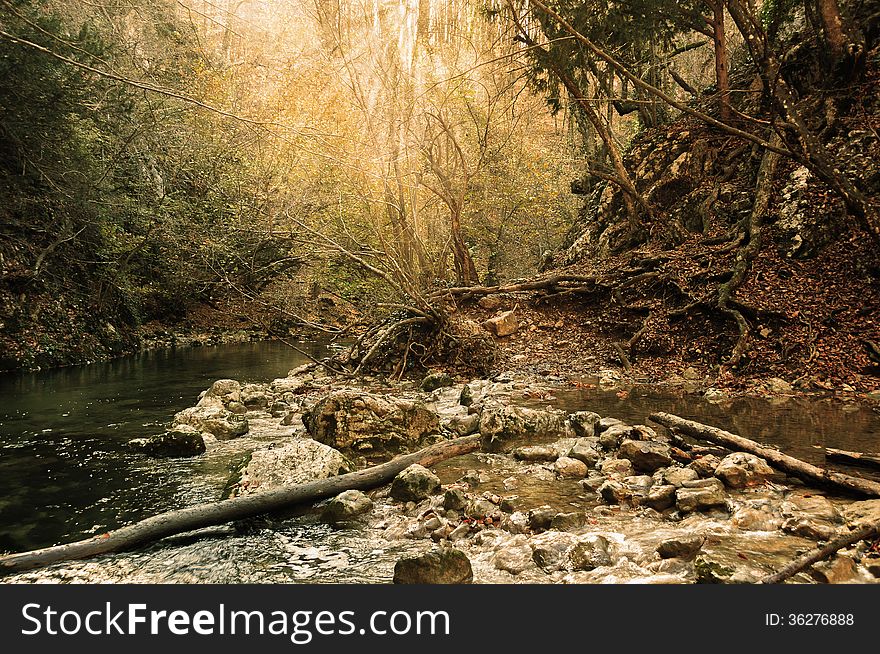 Ukraine, the Crimean peninsula, Grand Canyon of Crimea, dawn in the autumn forest, mountain river, fallen trees, large rocks, boulders, the rapids