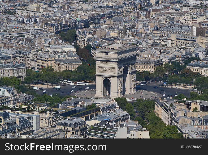 A photo of the Arc de Triomphe taken from Eiffel Tower, Paris. A photo of the Arc de Triomphe taken from Eiffel Tower, Paris