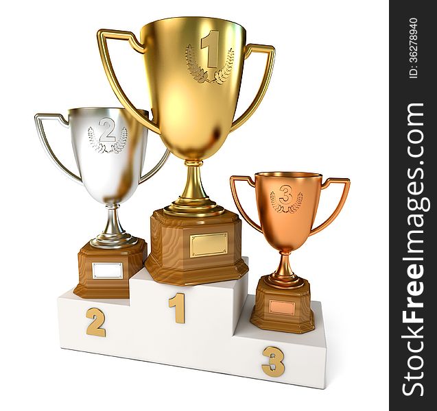 Gold, silver and bronze cup. Conceptual illustration. Isolated on white background. 3d render