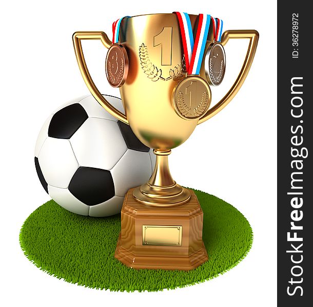 Gold Cup with medals and soccer ball. Conceptual illustration. Isolated on white background. 3d render