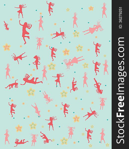 Blue background with female silhouettes and flowers. pink silhouettes and yellow flowers.
