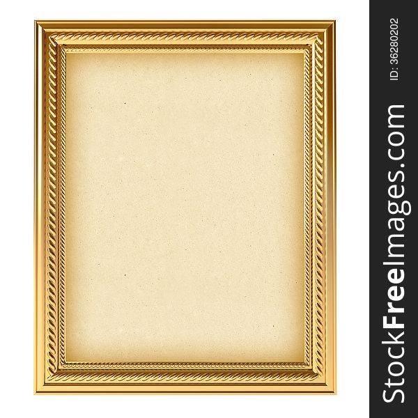 Golden empty frame for your picture. Conceptual illustration. Isolated on white background. 3d render