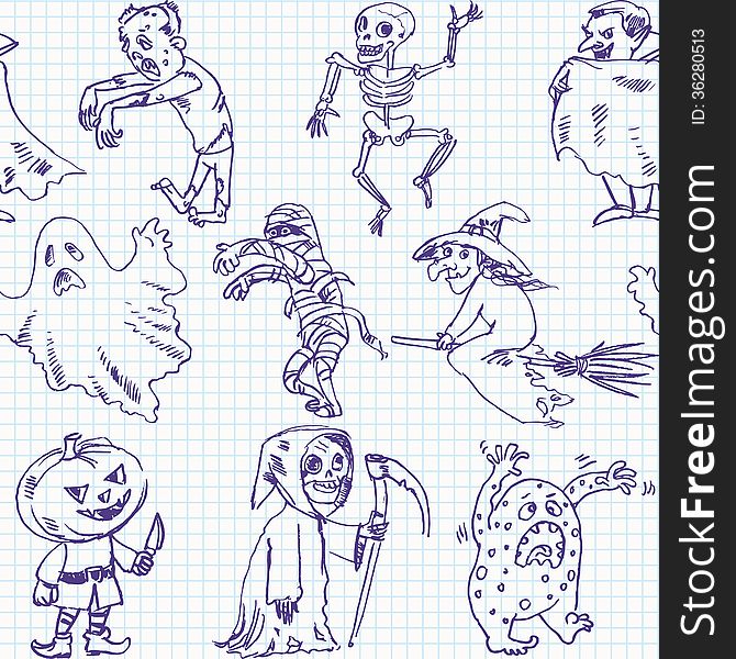 Freehand drawing halloween on a sheet of exercise book. Vector illustration. Seamless pattern