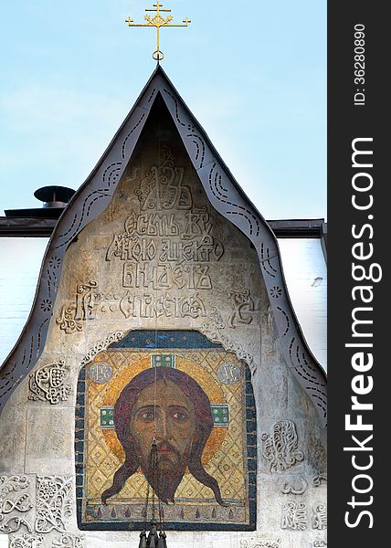 Fragment of mural on the facade of the Pokrovsky Cathedral in Moscow