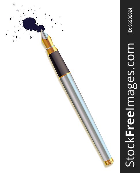 Fountain pen and a blot. Top view. Vector illustration. Isolated on white background