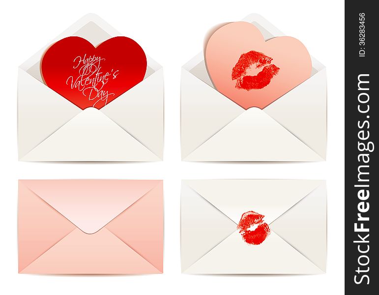White envelope and Hearts, concept Love, Valentine's Day. Vector illustration eps 10. White background