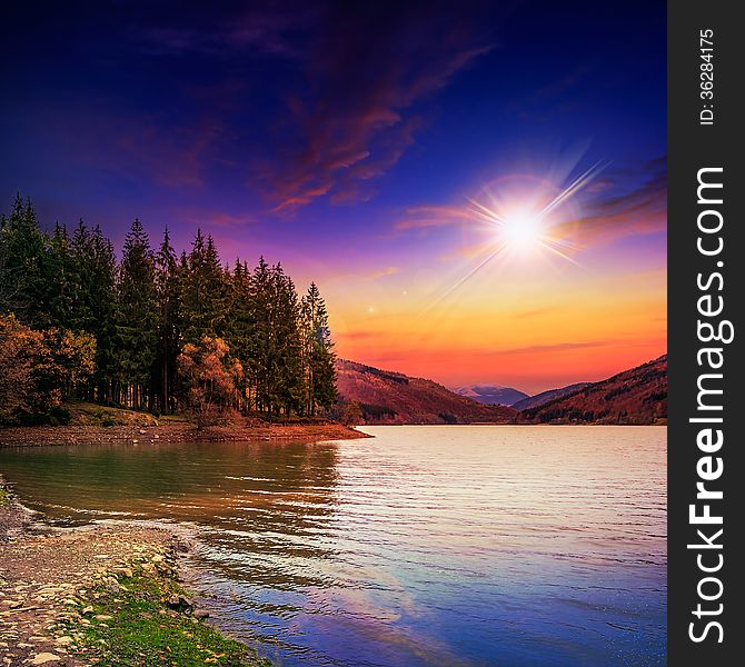 Autumn Mountain Lake In Coniferous Forest At Sunset